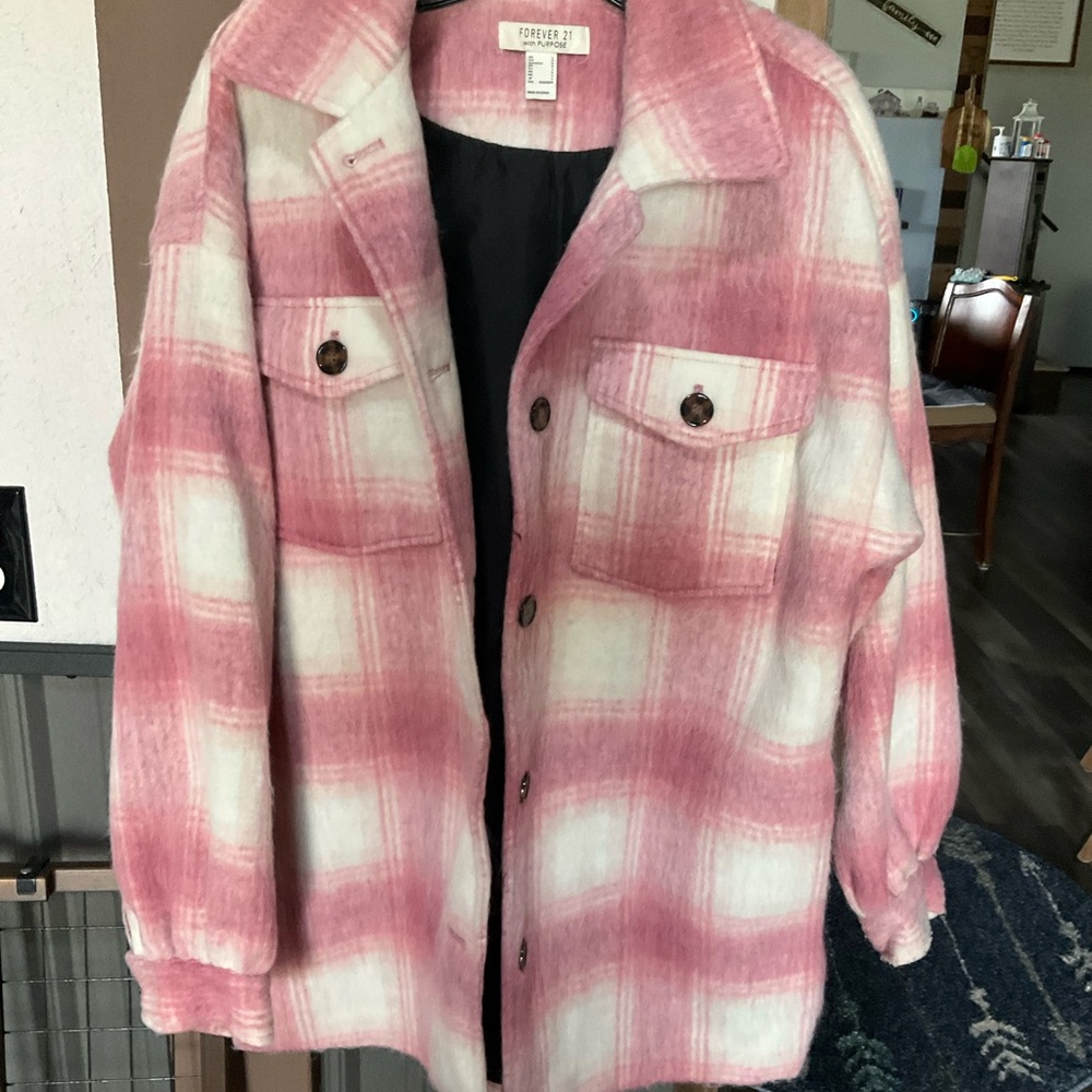 Forever 21 Pink and White Plaid Utility Shacket